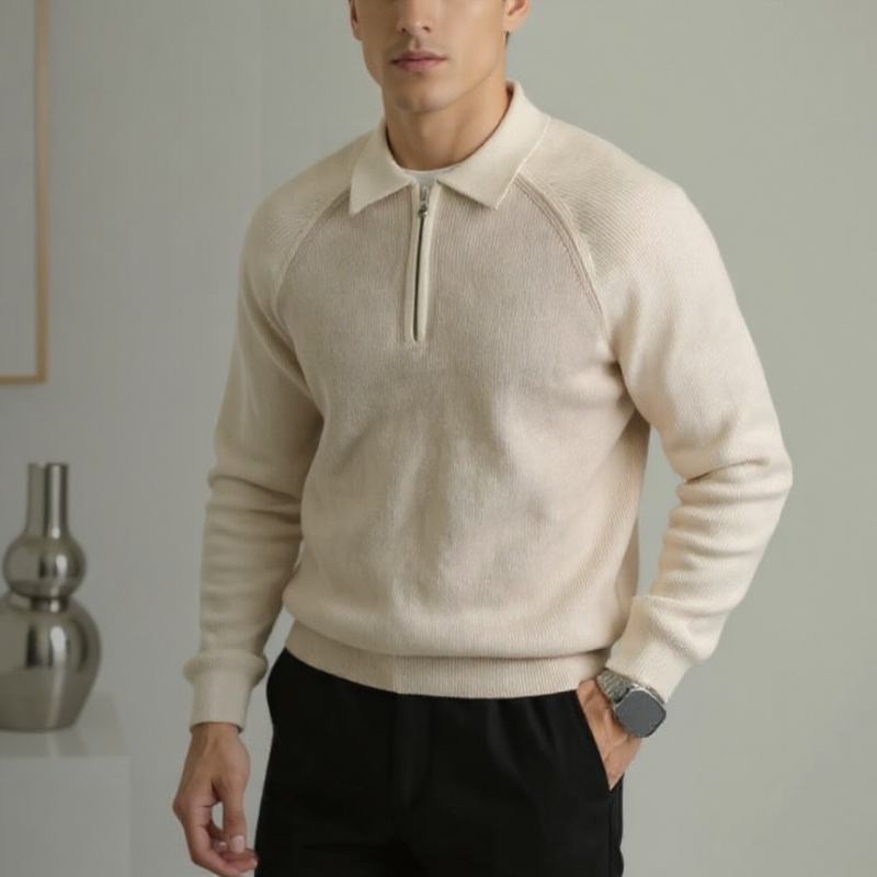 Herre business sweater med lynlås, polo-krave og raglanærmer – Strikstil