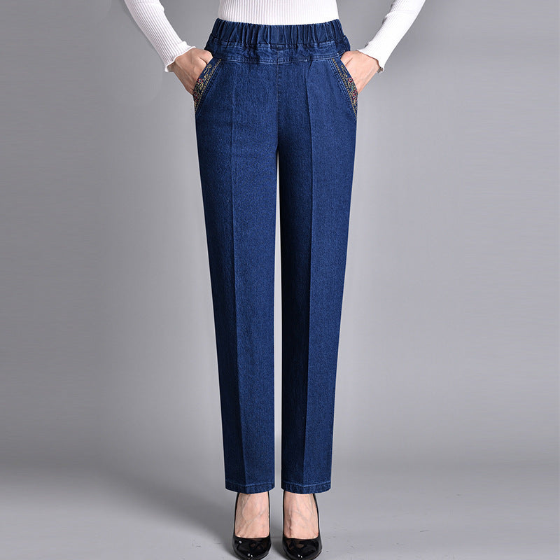 Women's Jeans with Elastic Waist and Side Pockets