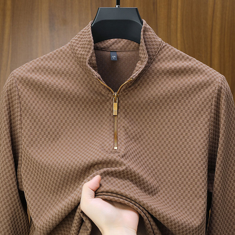 Men's Jacquard Sweater for Fall/Winter with a High Neck, Long Sleeves, and Half-Zip Closure.