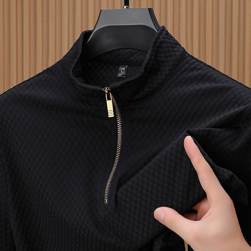 Men's Jacquard Sweater for Fall/Winter with a High Neck, Long Sleeves, and Half-Zip Closure.