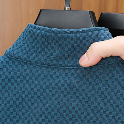 Men's Jacquard Sweater for Fall/Winter with a High Neck, Long Sleeves, and Half-Zip Closure.