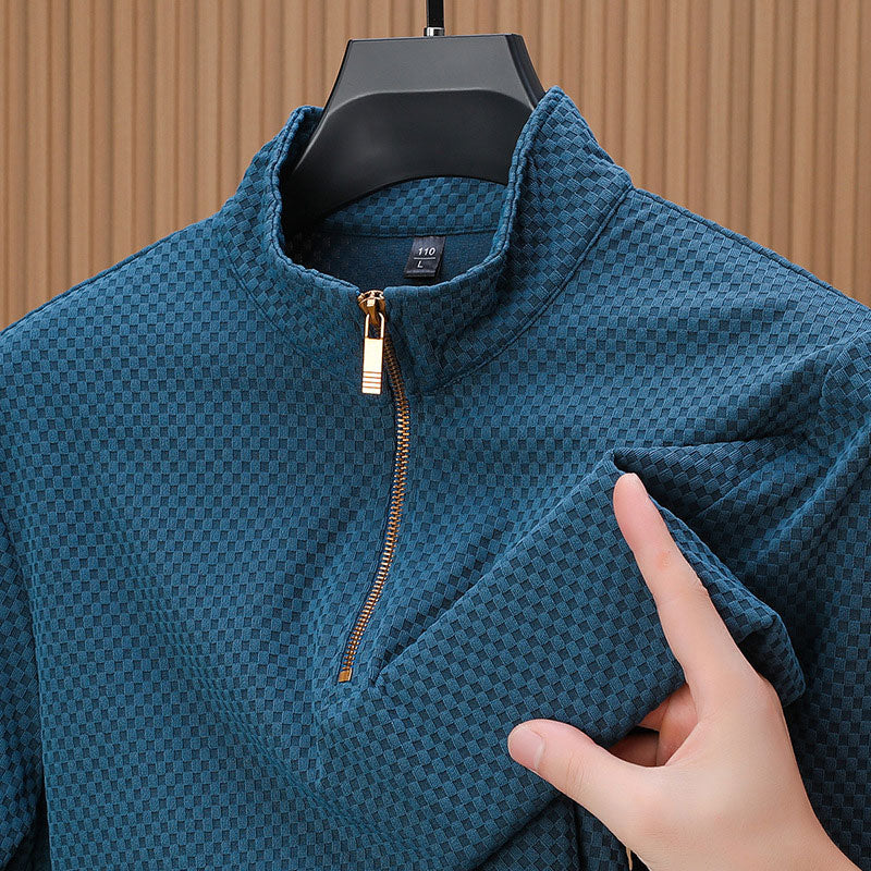 Men's Jacquard Sweater for Fall/Winter with a High Neck, Long Sleeves, and Half-Zip Closure.