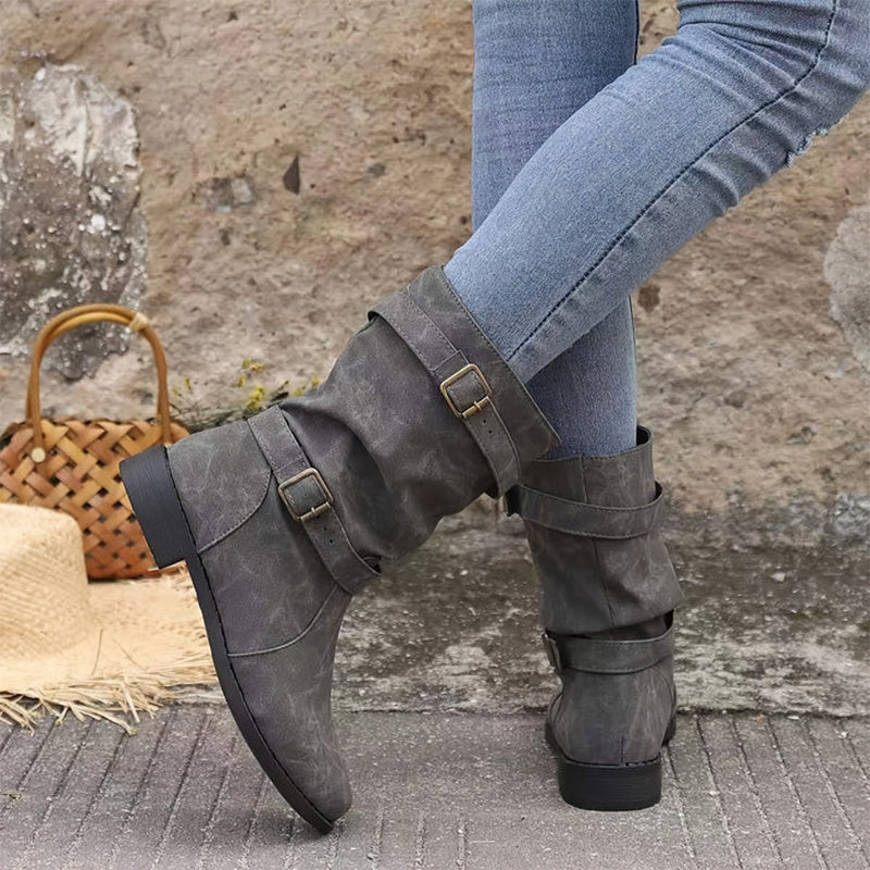Stivaletti da Donna Autunno con Tacco Basso e Dettaglio Fibbia – Suola Antiscivolo