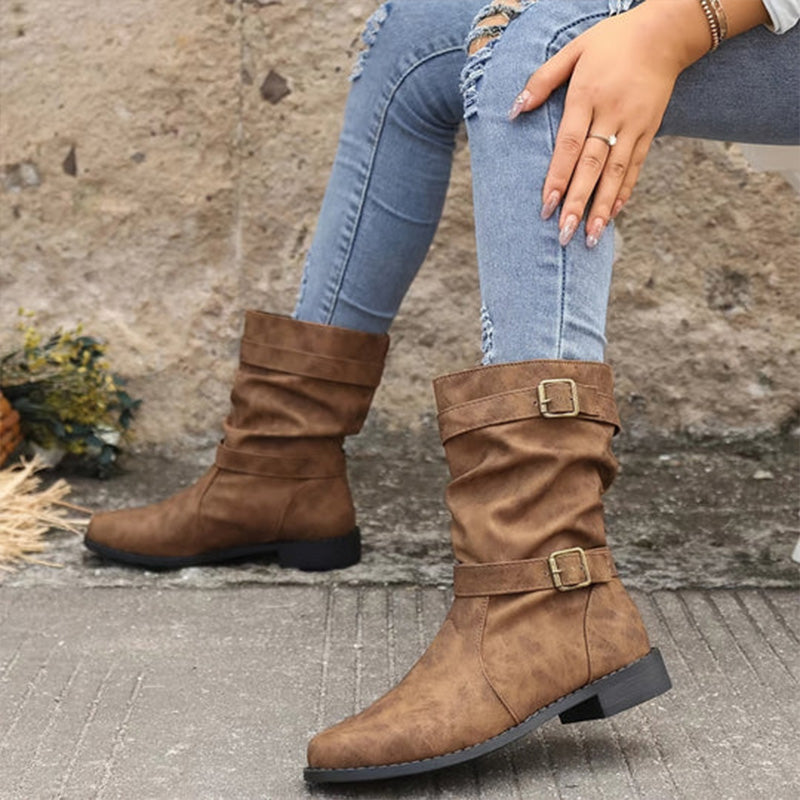 Stivaletti da Donna Autunno con Tacco Basso e Dettaglio Fibbia – Suola Antiscivolo