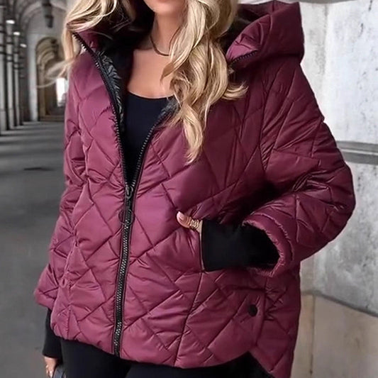 Women's Winter Padded Jacket with Diamond Quilting, Hood, and Zipper