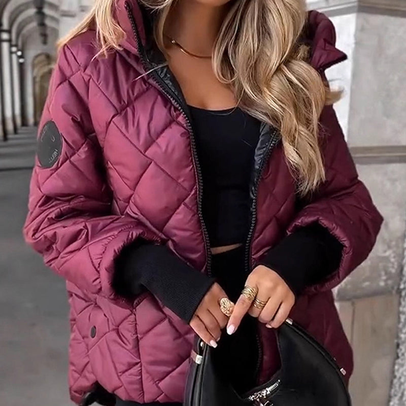 Women's Winter Padded Jacket with Diamond Quilting, Hood, and Zipper