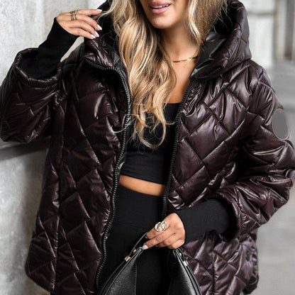 Women's Winter Padded Jacket with Diamond Quilting, Hood, and Zipper