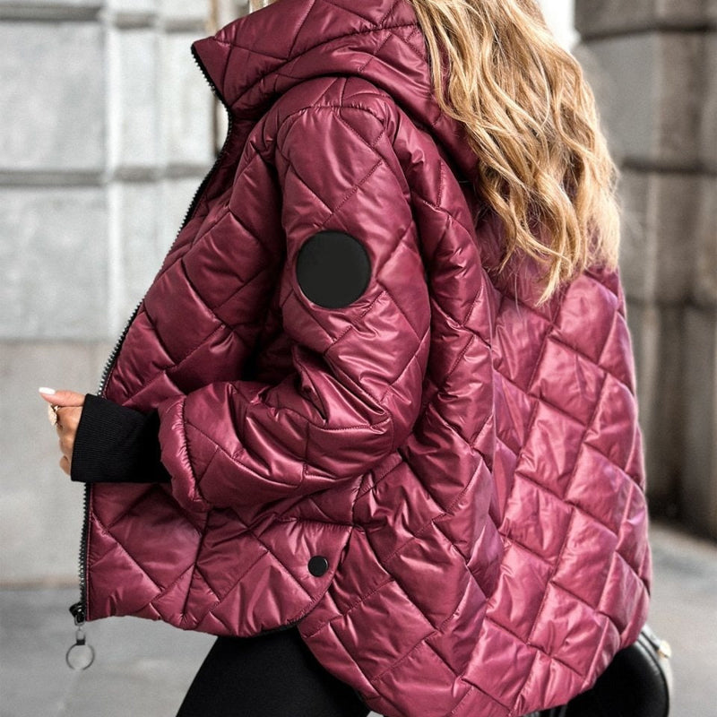 Women's Winter Padded Jacket with Diamond Quilting, Hood, and Zipper