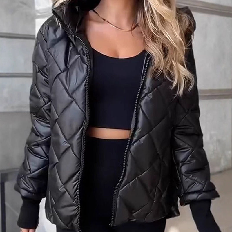 Women's Winter Padded Jacket with Diamond Quilting, Hood, and Zipper