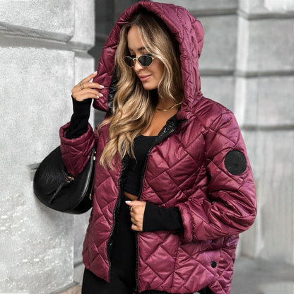 Women's Winter Padded Jacket with Diamond Quilting, Hood, and Zipper