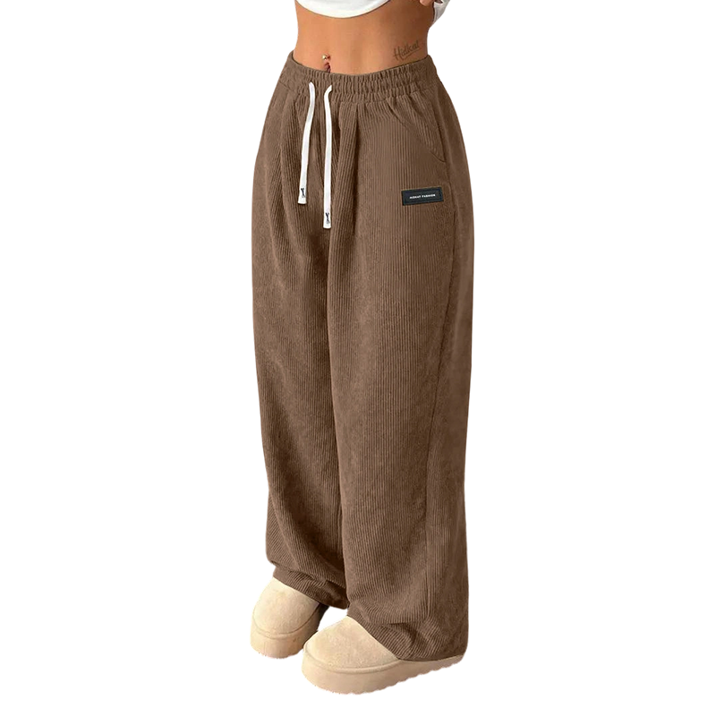 Women's Wide-Leg Corduroy Pants with an Elastic Waist, Drawstring, and Side Pockets.