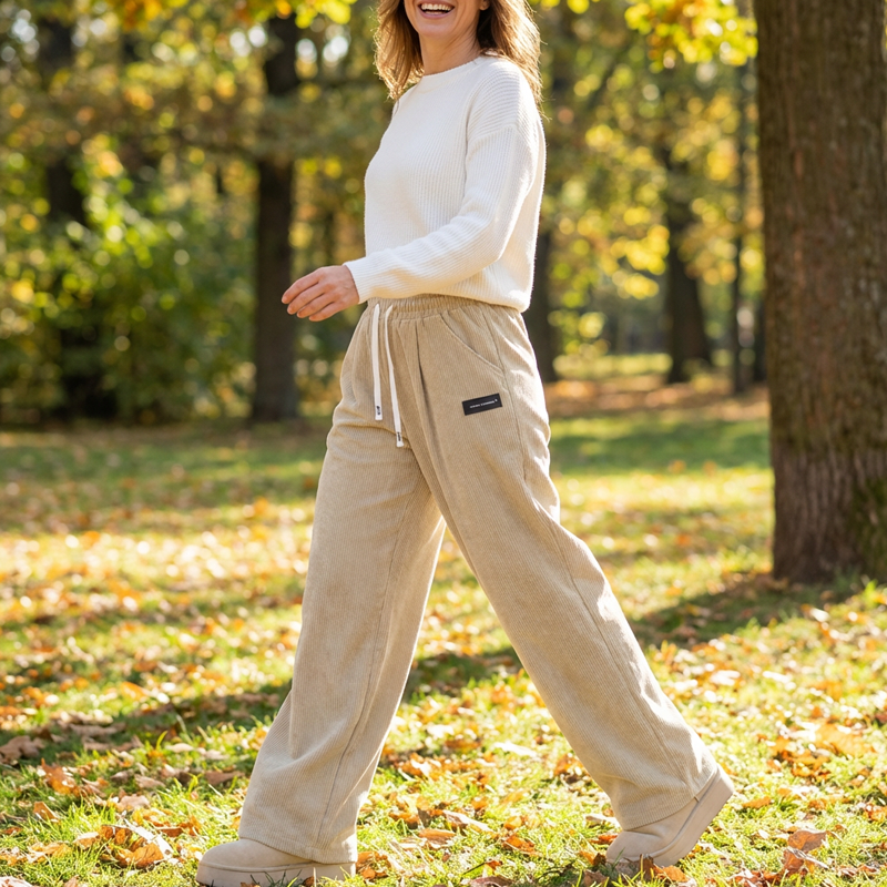 Women's Wide-Leg Corduroy Pants with an Elastic Waist, Drawstring, and Side Pockets.