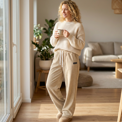 Women's Wide-Leg Corduroy Pants with an Elastic Waist, Drawstring, and Side Pockets.