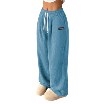 Women's Wide-Leg Corduroy Pants with an Elastic Waist, Drawstring, and Side Pockets.