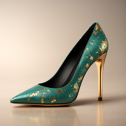 Women's Pointed Toe Pump with Snakeskin Effect Upper and Sculpted Gold Heel – Elegant Shoes