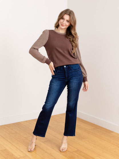 Maglia Donna Texturizzata con Maniche a Palloncino a Contrasto e Scollo Tondo – Stile Quotidiano