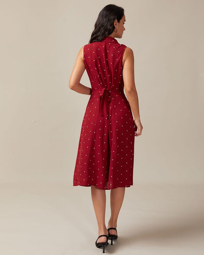 Abito Midi Estivo da Donna con Scollo a V, Pois, Nodo sul Retro, Senza Maniche