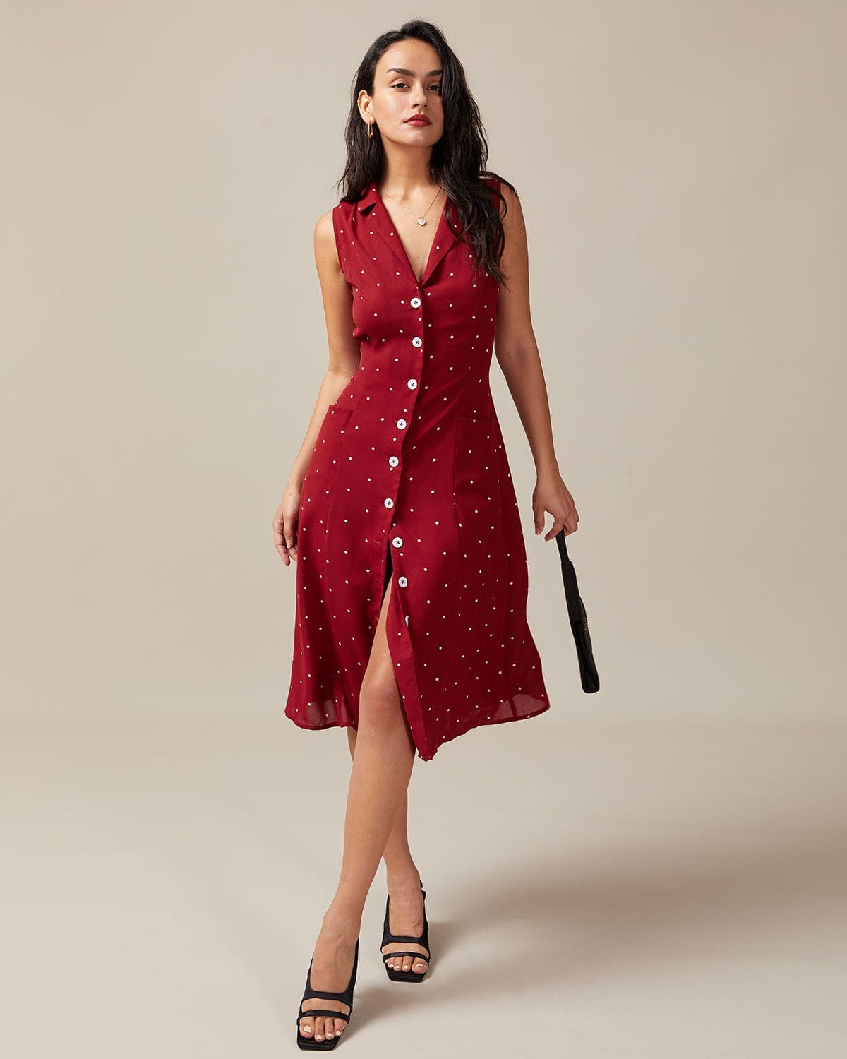 Abito Midi Estivo da Donna con Scollo a V, Pois, Nodo sul Retro, Senza Maniche