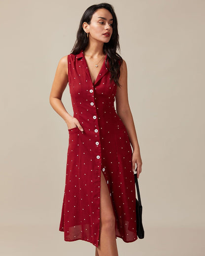 Abito Midi Estivo da Donna con Scollo a V, Pois, Nodo sul Retro, Senza Maniche