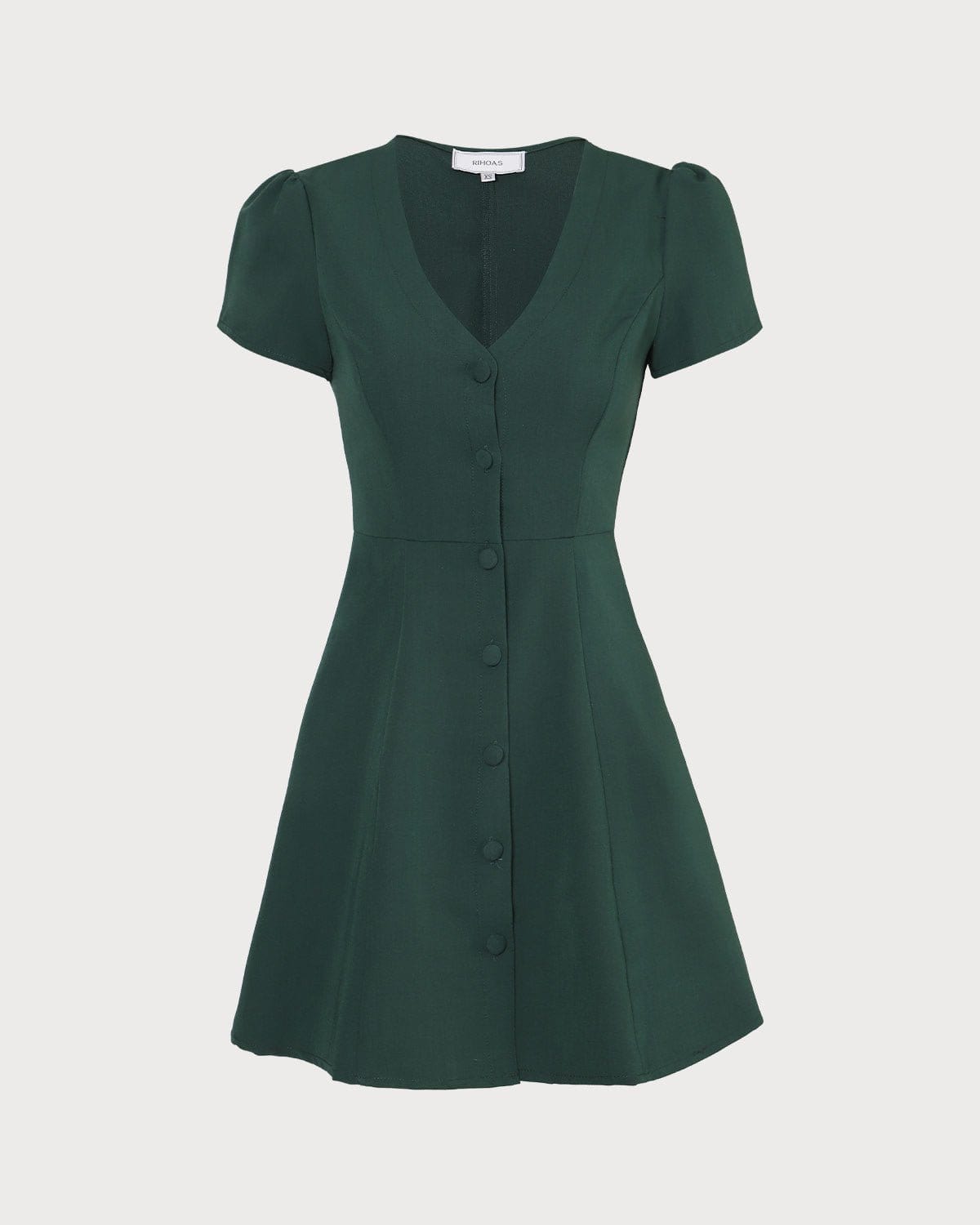 Abito Mini da Donna a V con Bottoni, Linea ad A, Manica Corta