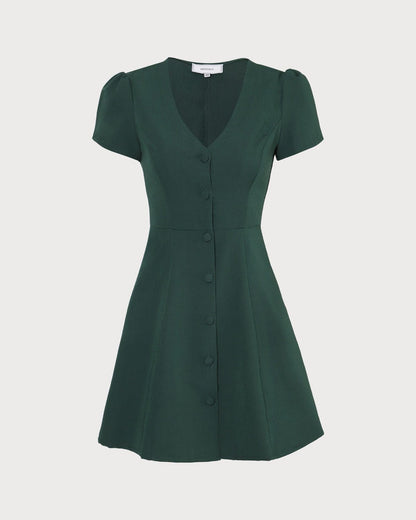 Abito Mini da Donna a V con Bottoni, Linea ad A, Manica Corta