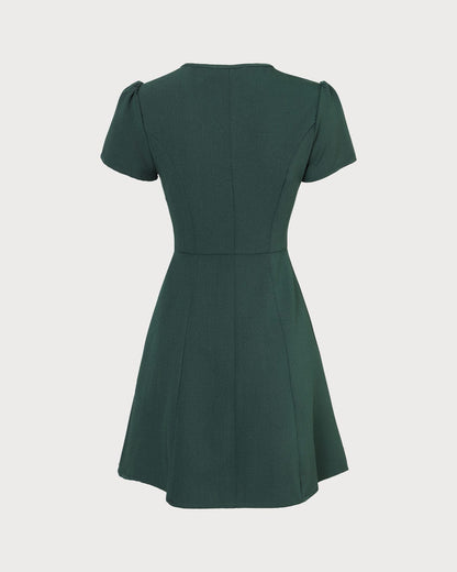 Abito Mini da Donna a V con Bottoni, Linea ad A, Manica Corta