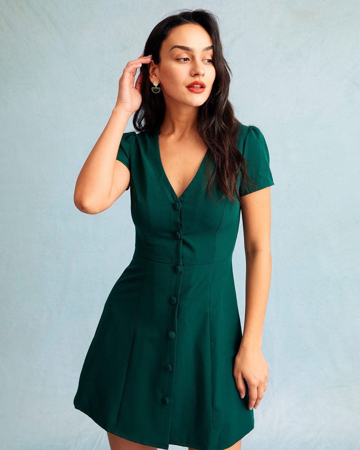 Abito Mini da Donna a V con Bottoni, Linea ad A, Manica Corta