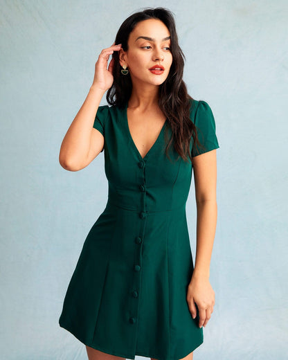 Abito Mini da Donna a V con Bottoni, Linea ad A, Manica Corta