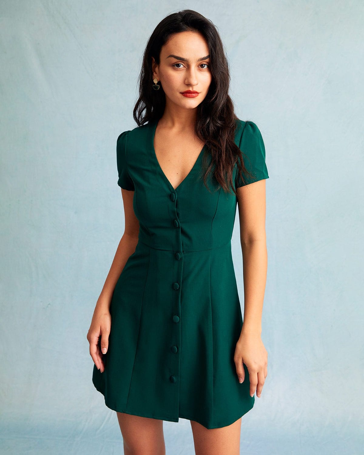 Abito Mini da Donna a V con Bottoni, Linea ad A, Manica Corta