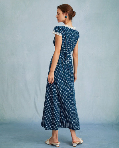 Abito Maxi da Donna con Profondo Scollo a V, Pizzo e Motivo a Pois