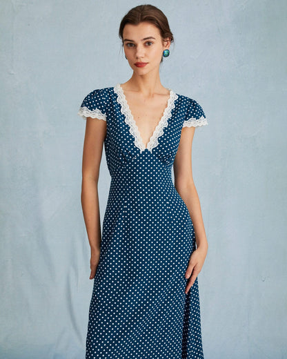 Abito Maxi da Donna con Profondo Scollo a V, Pizzo e Motivo a Pois