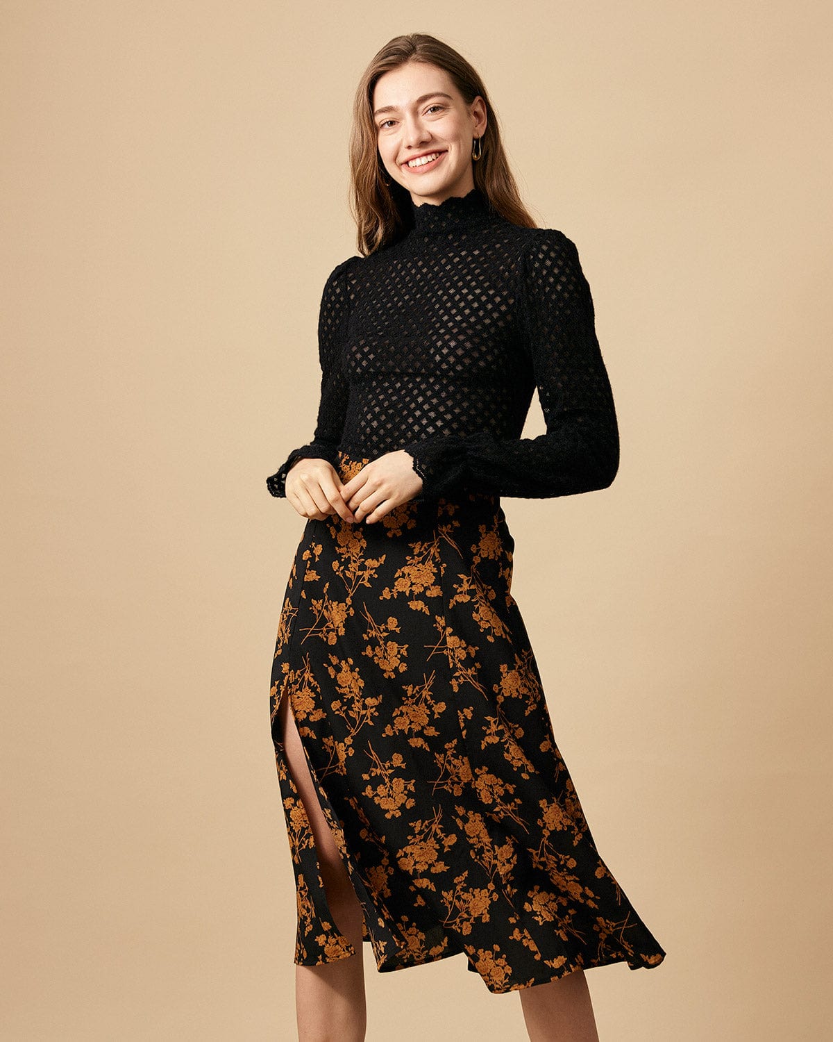 Women's High-Waisted A-Line Skirt with Floral Print and Side Slit