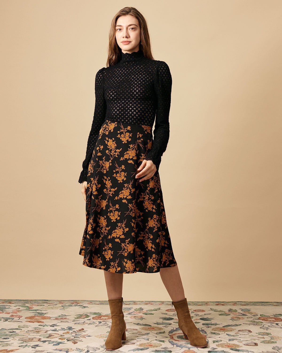 Women's High-Waisted A-Line Skirt with Floral Print and Side Slit