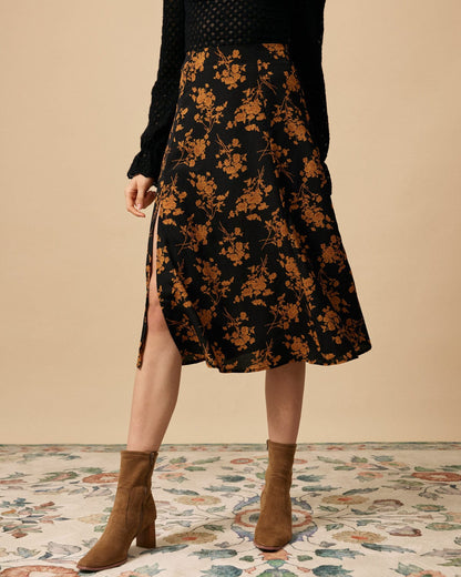Women's High-Waisted A-Line Skirt with Floral Print and Side Slit