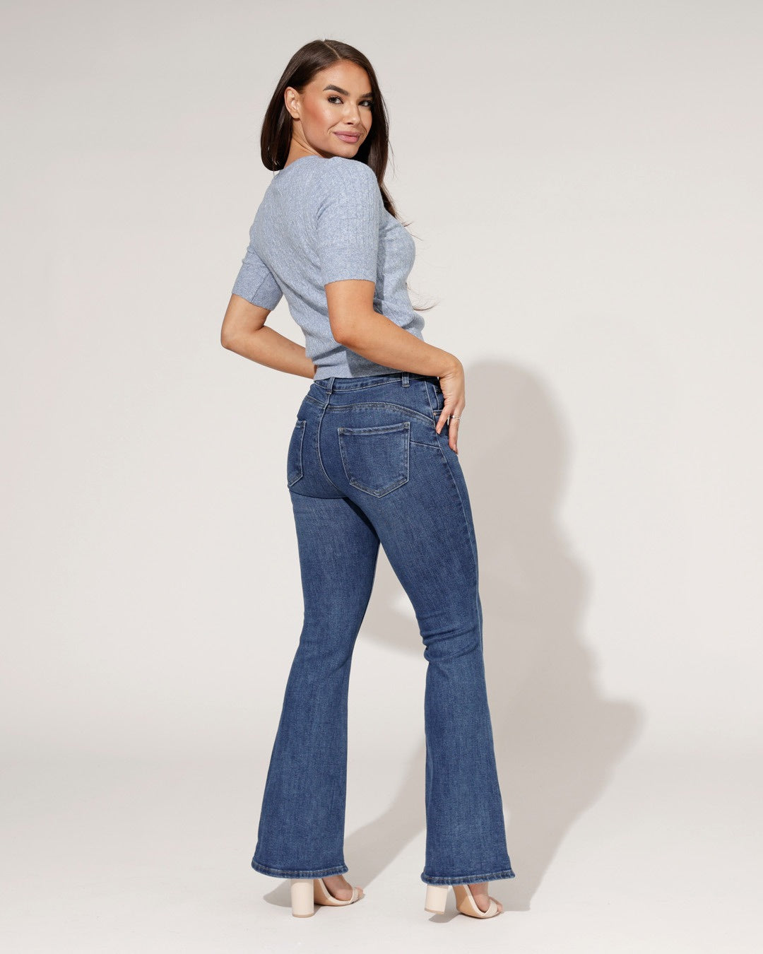 High-Waisted Women's Jeans with Flared Leg, Blue, Stretchy