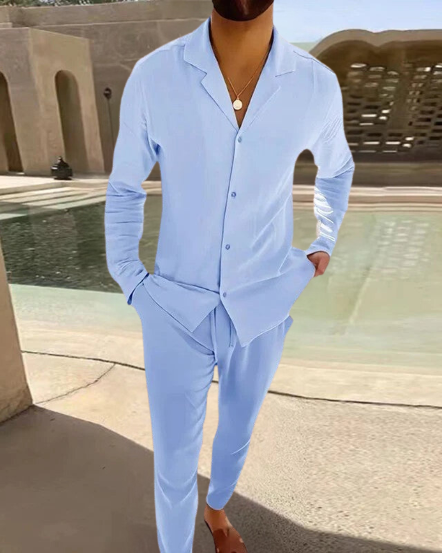 Conjunto de Hombre de Lino Primaveral Camisa y Pantalones Ligero y Transpirable