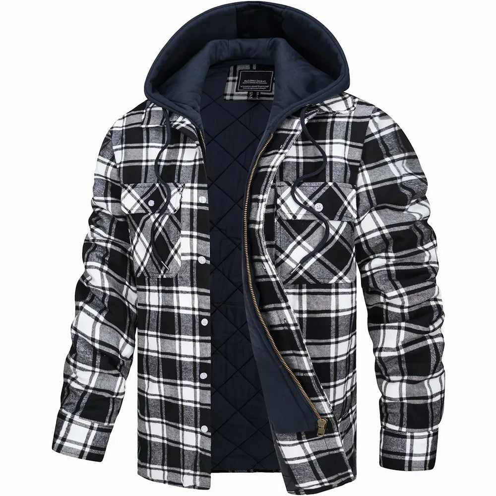 Camicia a quadri bianca e nera con cappuccio, imbottita e con cerniera, ideale per l'inverno. Stile casual, moda uomo, abbigliamento caldo.