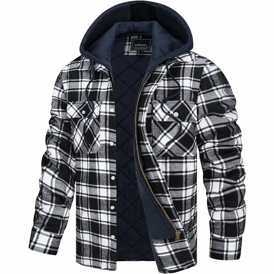 Camicia a quadri bianca e nera con cappuccio, imbottita e con cerniera, ideale per l'inverno. Stile casual, moda uomo, abbigliamento caldo.