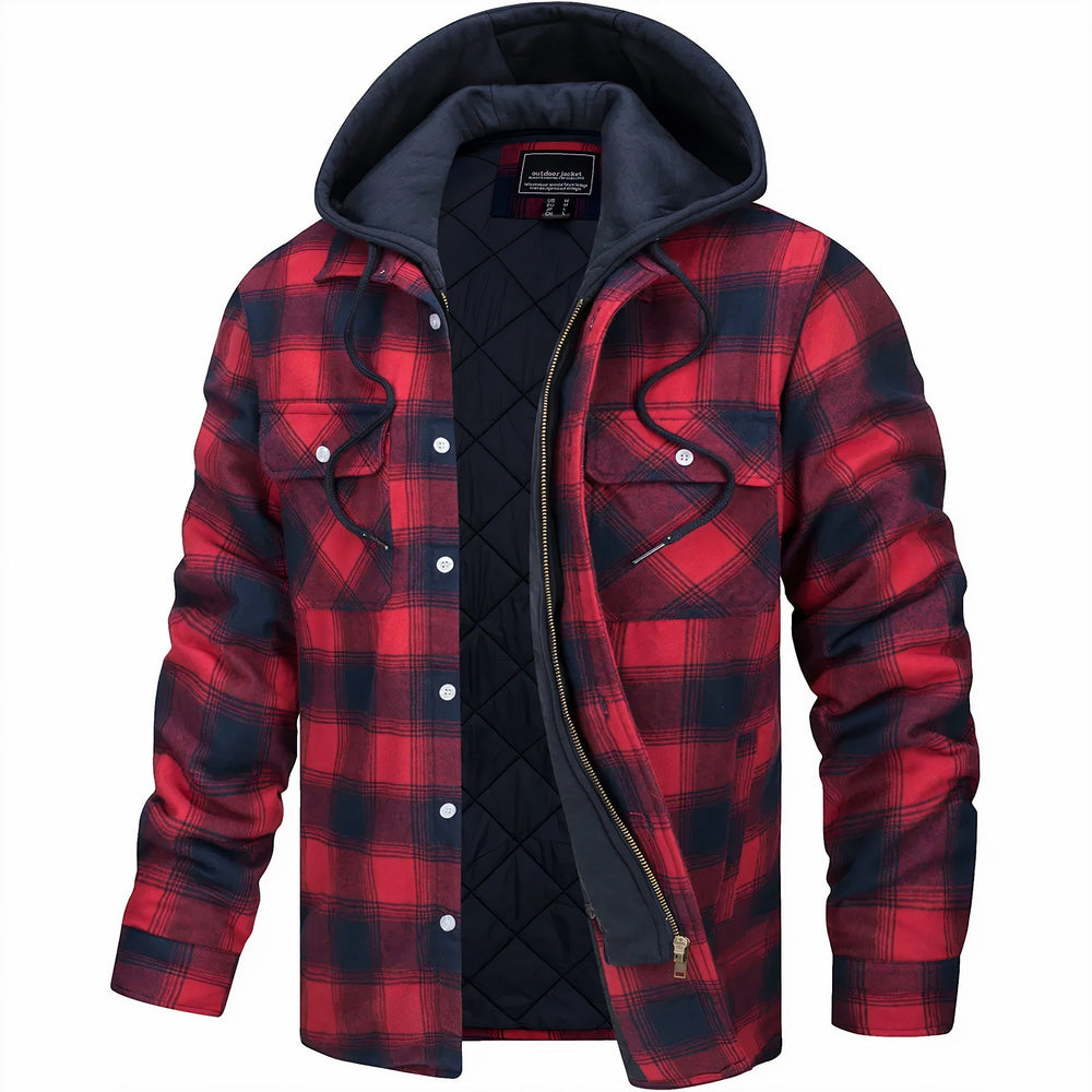 Camicia a quadri rossa e nera con cappuccio, imbottita e foderata, chiusura a zip e bottoni, tasche frontali. Moda uomo, abbigliamento invernale.