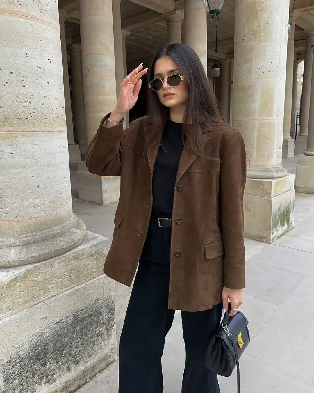Blazer de mujer para otoño de ante marrón con bolsillos