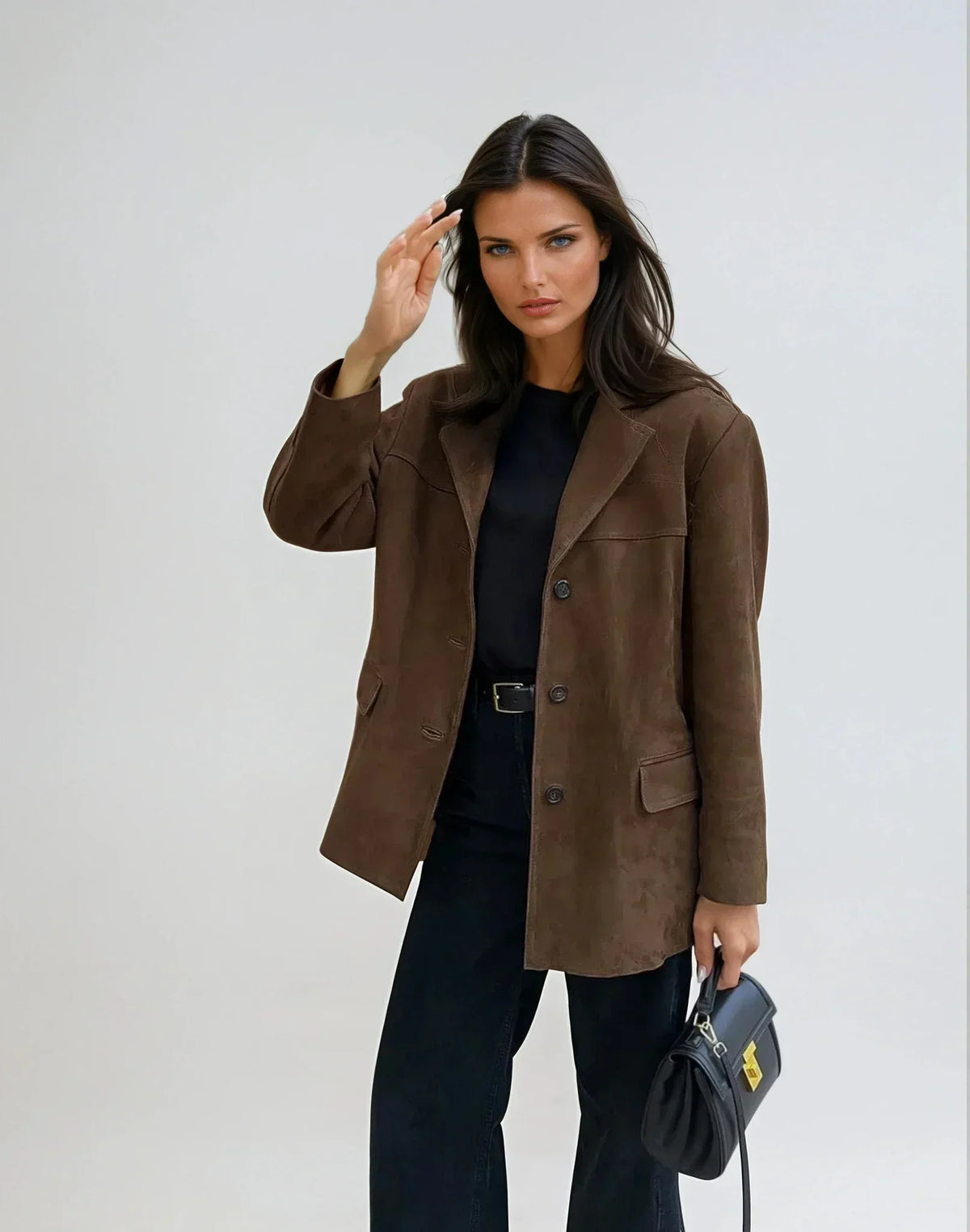 Blazer de mujer para otoño de ante marrón con bolsillos