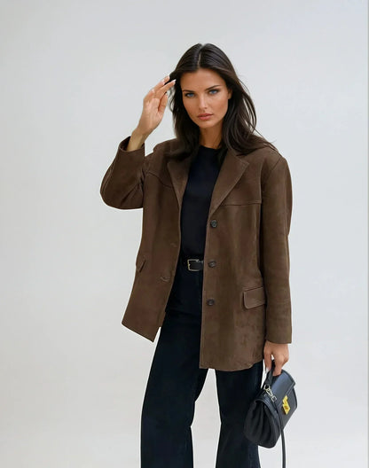 Blazer de mujer para otoño de ante marrón con bolsillos