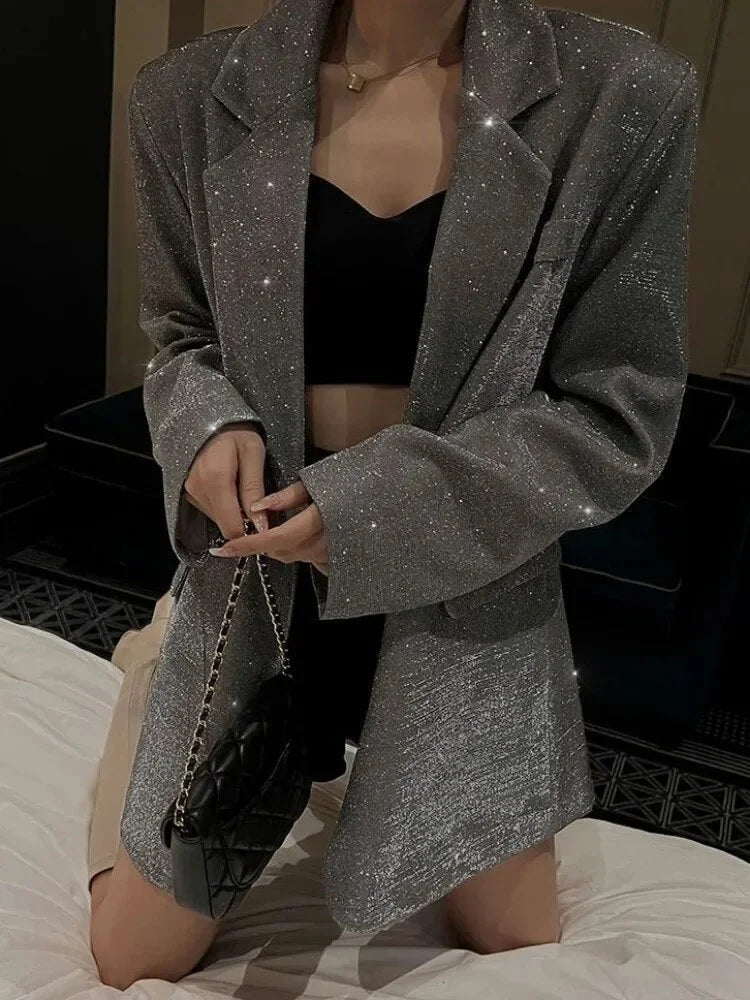 Blazer de noche de mujer con lentejuelas, mangas largas y corte para tallas grandes