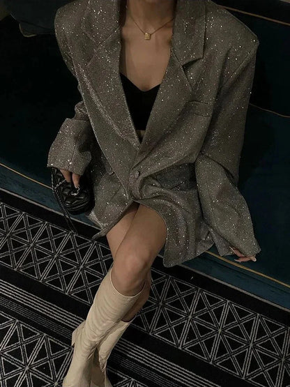 Blazer de noche de mujer con lentejuelas, mangas largas y corte para tallas grandes