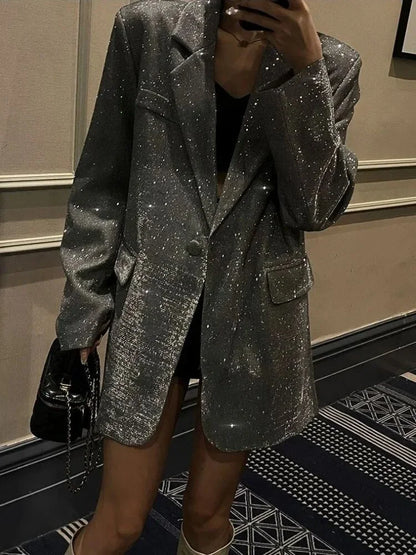 Blazer de noche de mujer con lentejuelas, mangas largas y corte para tallas grandes