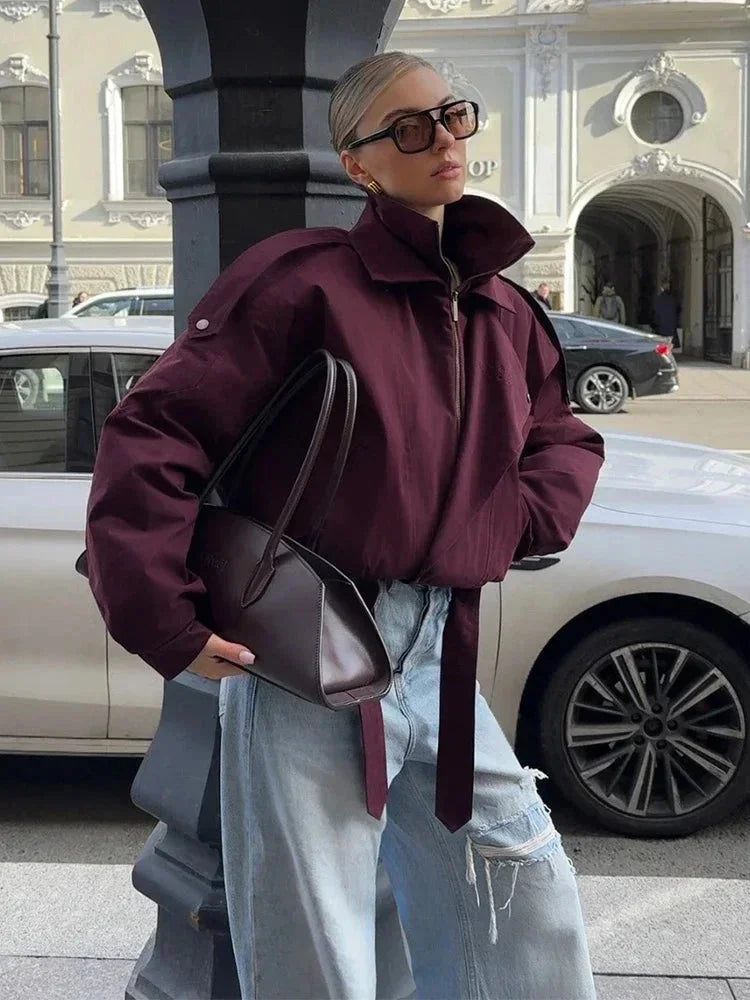 Chaqueta bomber de mujer para otoño, corte holgado, cuello alto y bolsillos