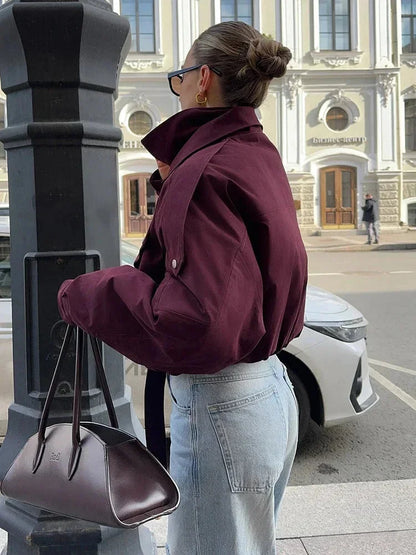 Chaqueta bomber de mujer para otoño, corte holgado, cuello alto y bolsillos