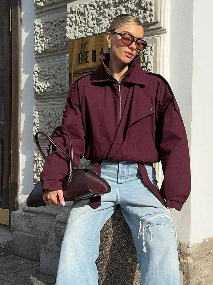 Chaqueta bomber de mujer para otoño, corte holgado, cuello alto y bolsillos