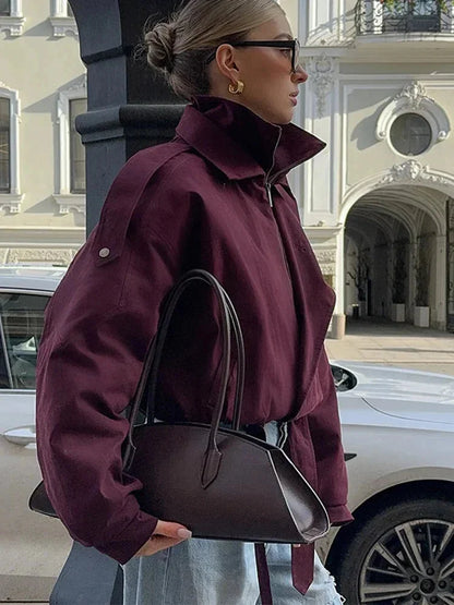 Chaqueta bomber de mujer para otoño, corte holgado, cuello alto y bolsillos