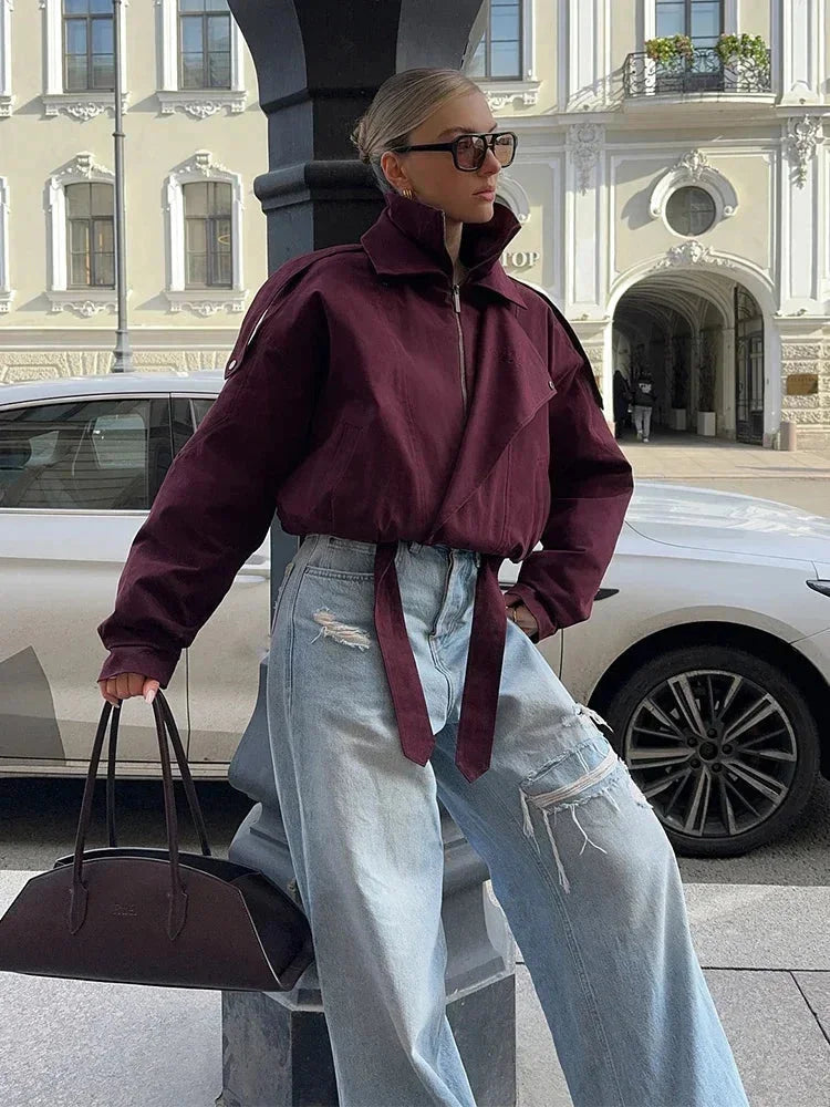 Chaqueta bomber de mujer para otoño, corte holgado, cuello alto y bolsillos